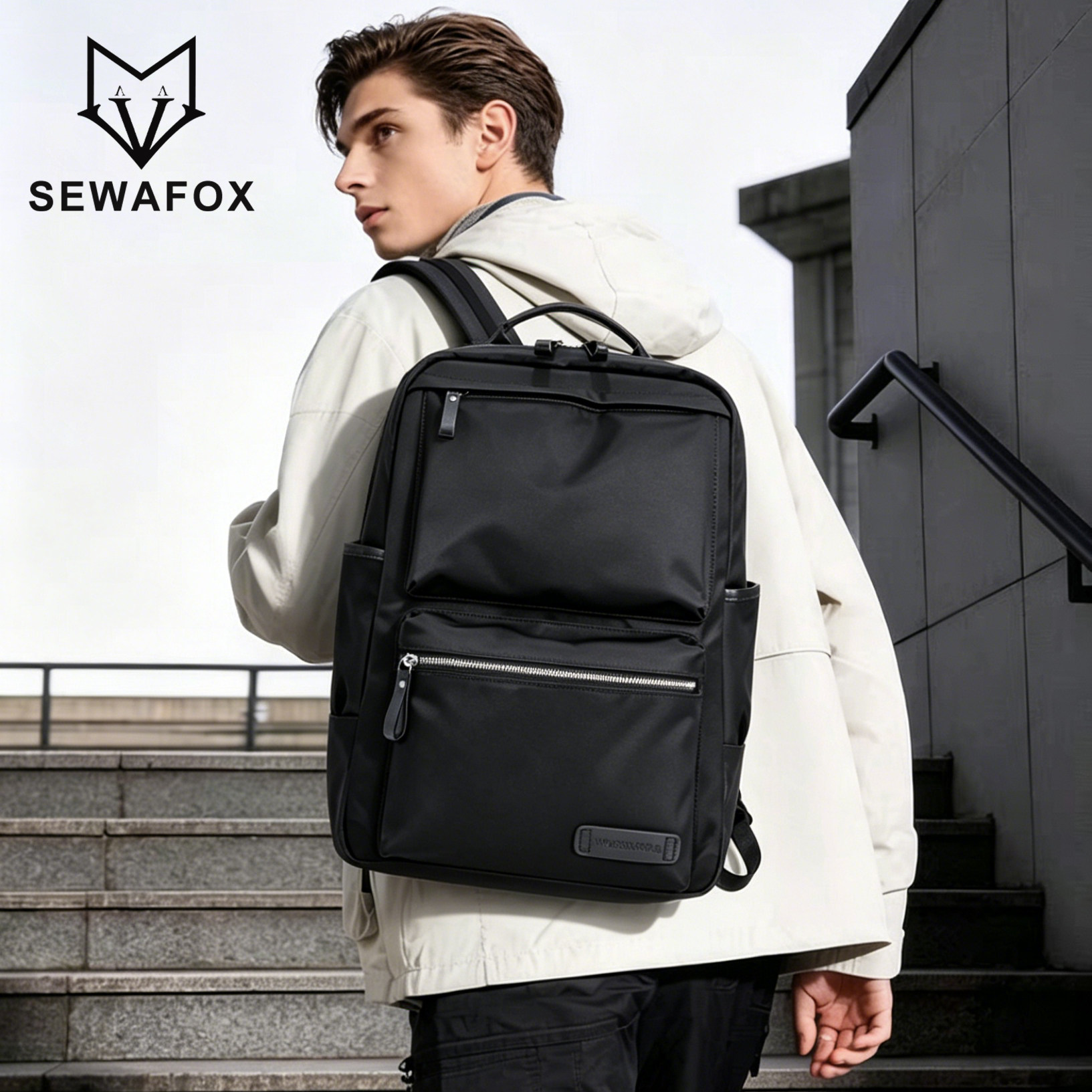 SEWAFOX简约双肩包男黑色商务通勤时尚旅行男士大容量电脑背包女