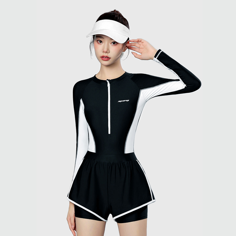 泳衣女款2024新款遮肚显瘦连身长袖平角游泳馆保守泡温泉泳装