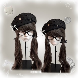 梦游小猫/波点珍珠蝴蝶结八角帽女新款贝雷帽大头围显脸小画家帽