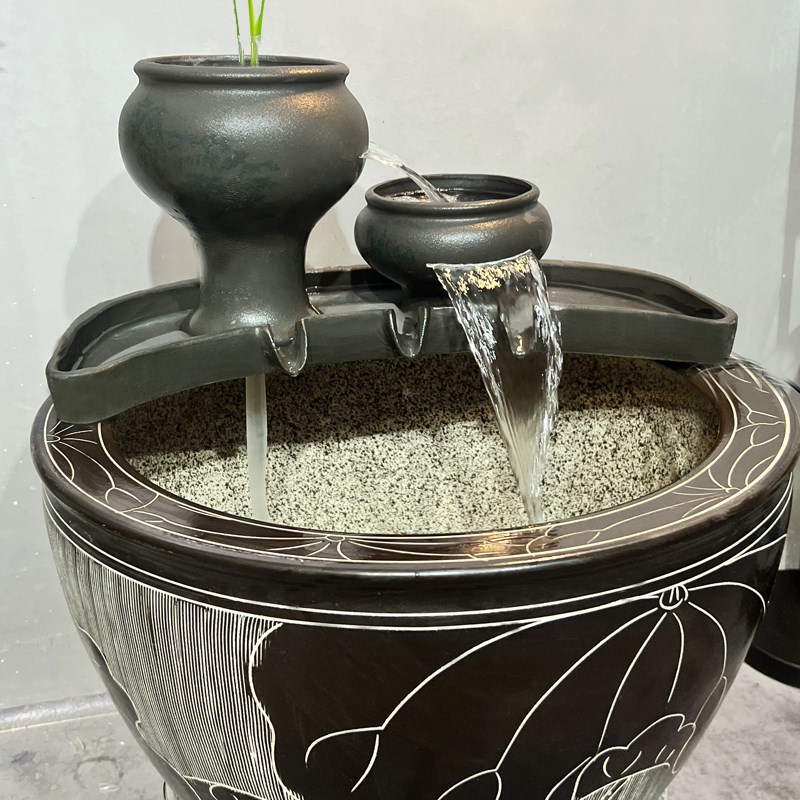 水缸循环过滤器流水瀑布陶瓷摆件古法养鱼缸增氧循环过滤陶罐水培