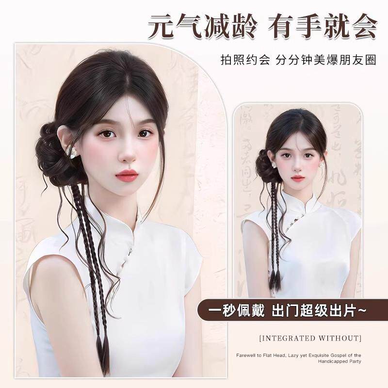 古风侧扎龙须丸子头假发发圈汉服盘发旗袍花苞头假发包麻花拳击辫