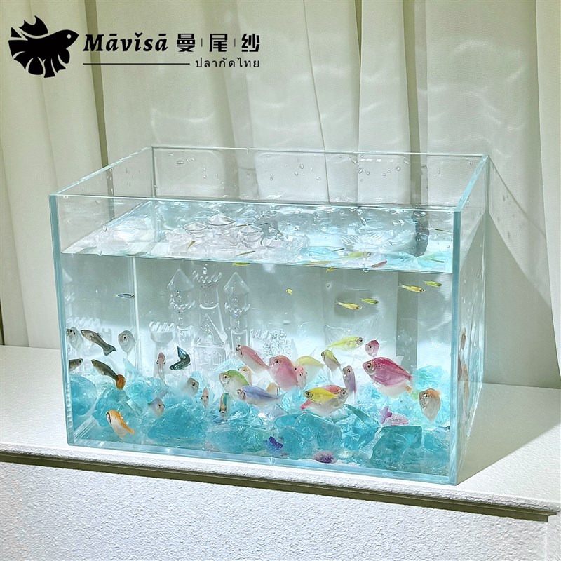 曼尾纱超白玻f璃鱼缸新款造景摆件客厅桌面方型斗鱼金鱼高透缸