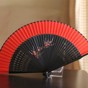 和风扇竹柄折扇真丝手绘扇舞蹈扇旗袍扇 精品女扇日式 大红色
