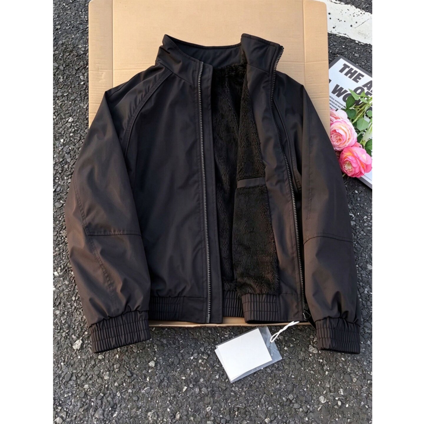 黑色美式立领加绒飞行夹克棉服男冬季加厚保暖防寒羊羔绒棉衣外套