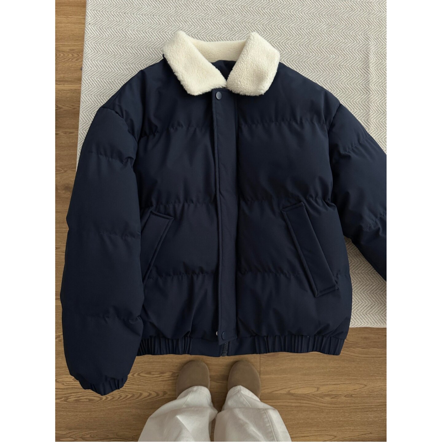 藏青色羊羔毛翻领面包服男冬季加厚保暖情侣棉服复古工装加绒外套