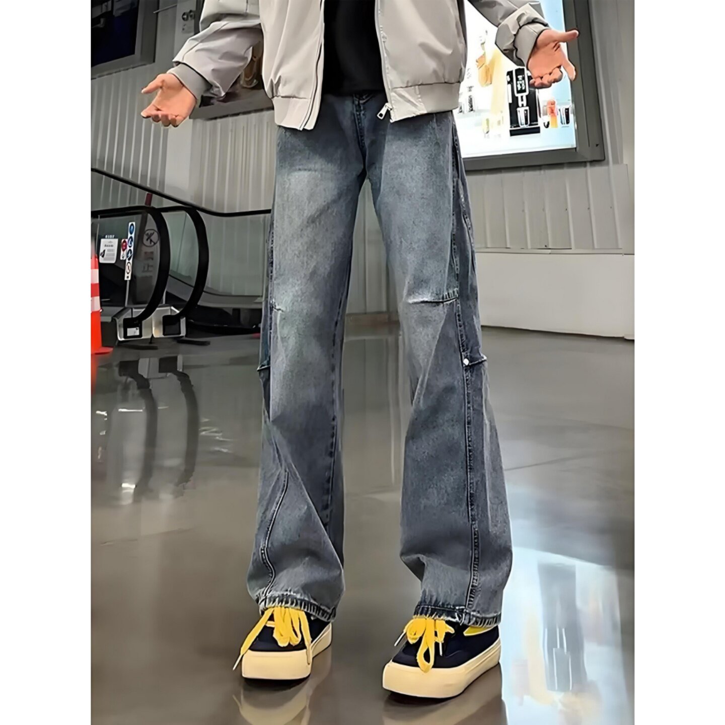 蓝色铆钉褶皱解构牛仔裤男款秋季美式复古工装伐木裤直筒微喇长裤