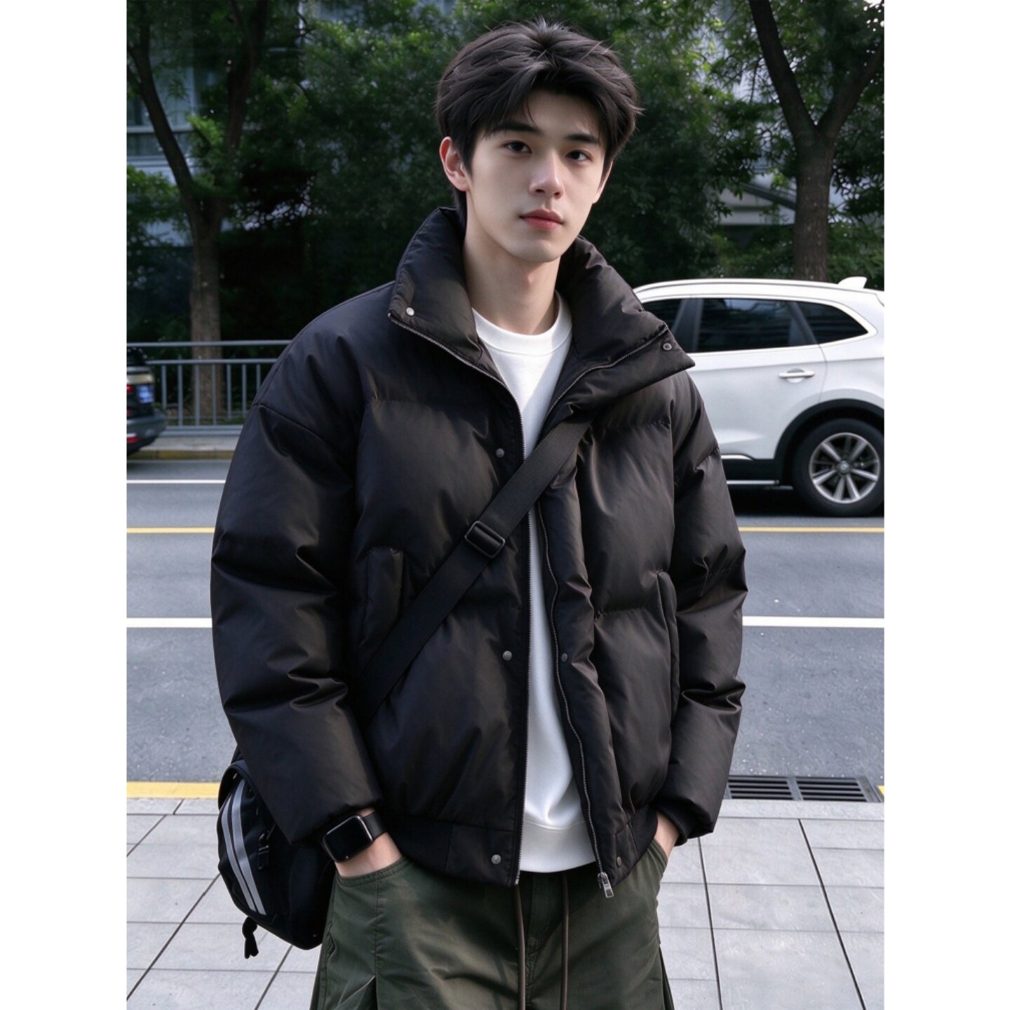 黑色美式PU皮短款保暖男士棉服