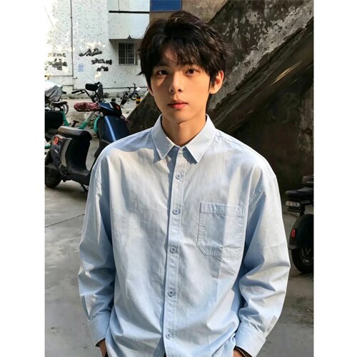 浅蓝日系工装男款长袖衬衫