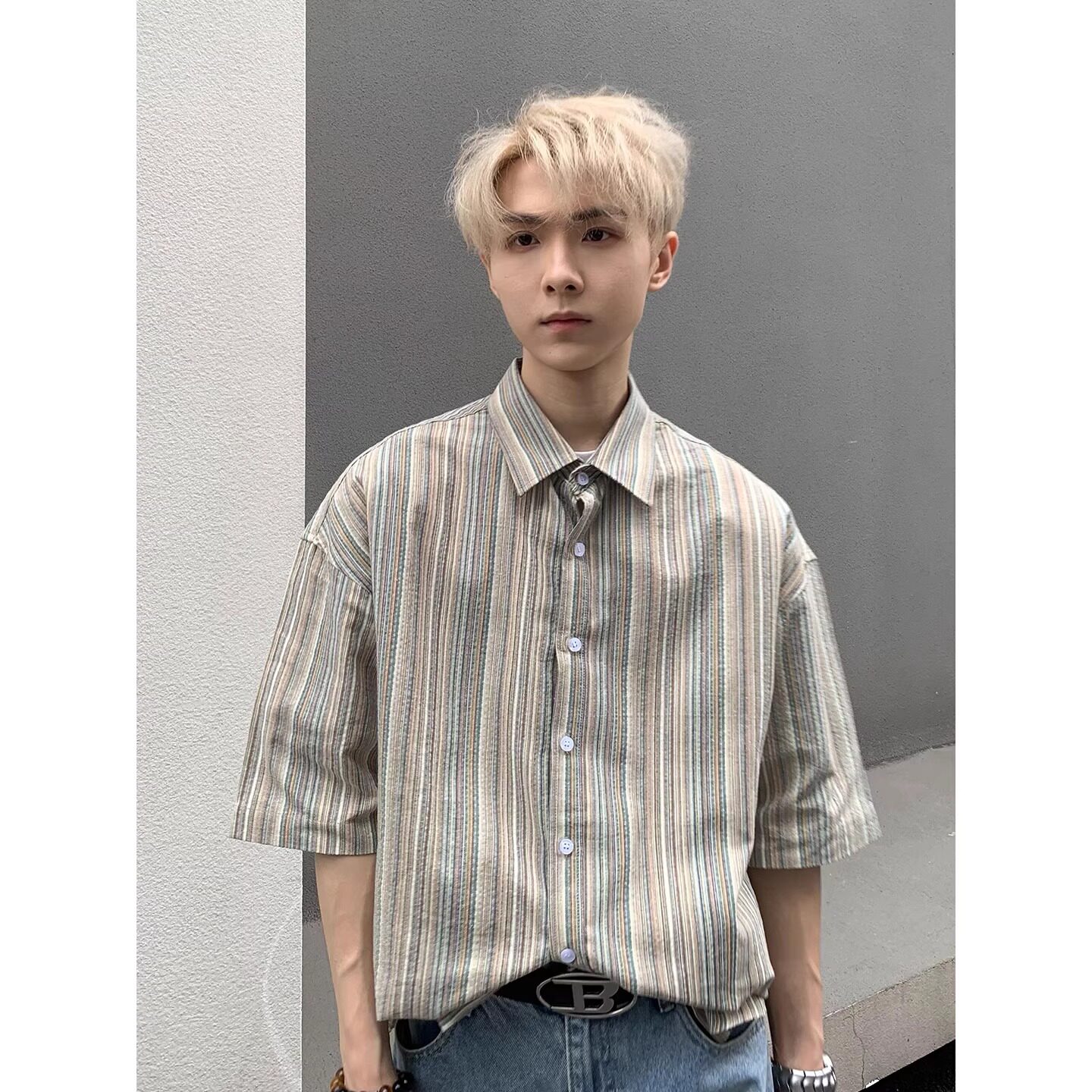 彩色竖条纹短袖衬衫男夏季ootd男生穿搭高级感痞帅五分袖情侣衬衣