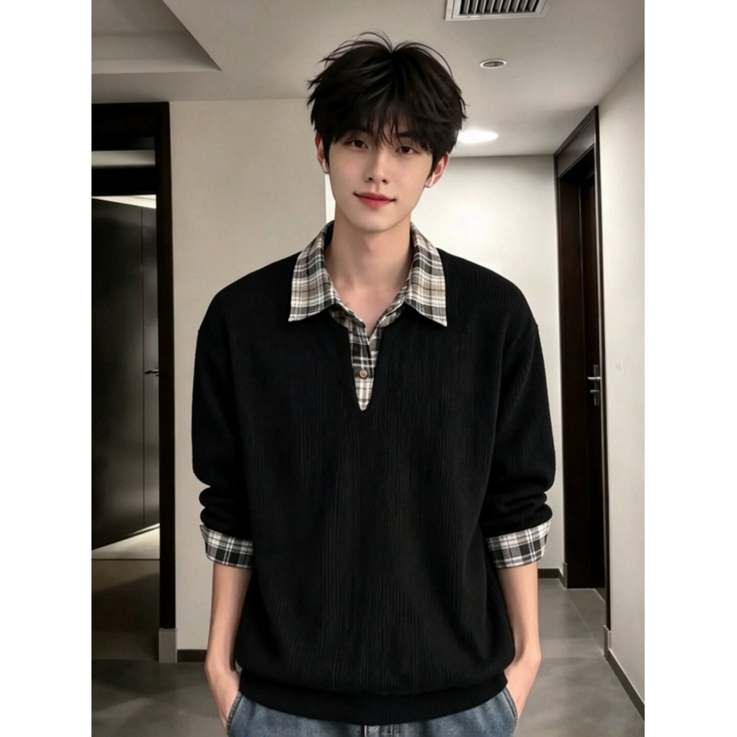 美式假两件格纹拼接Polo衫卫衣男秋季麦穗纹翻领长袖t恤潮牌上衣