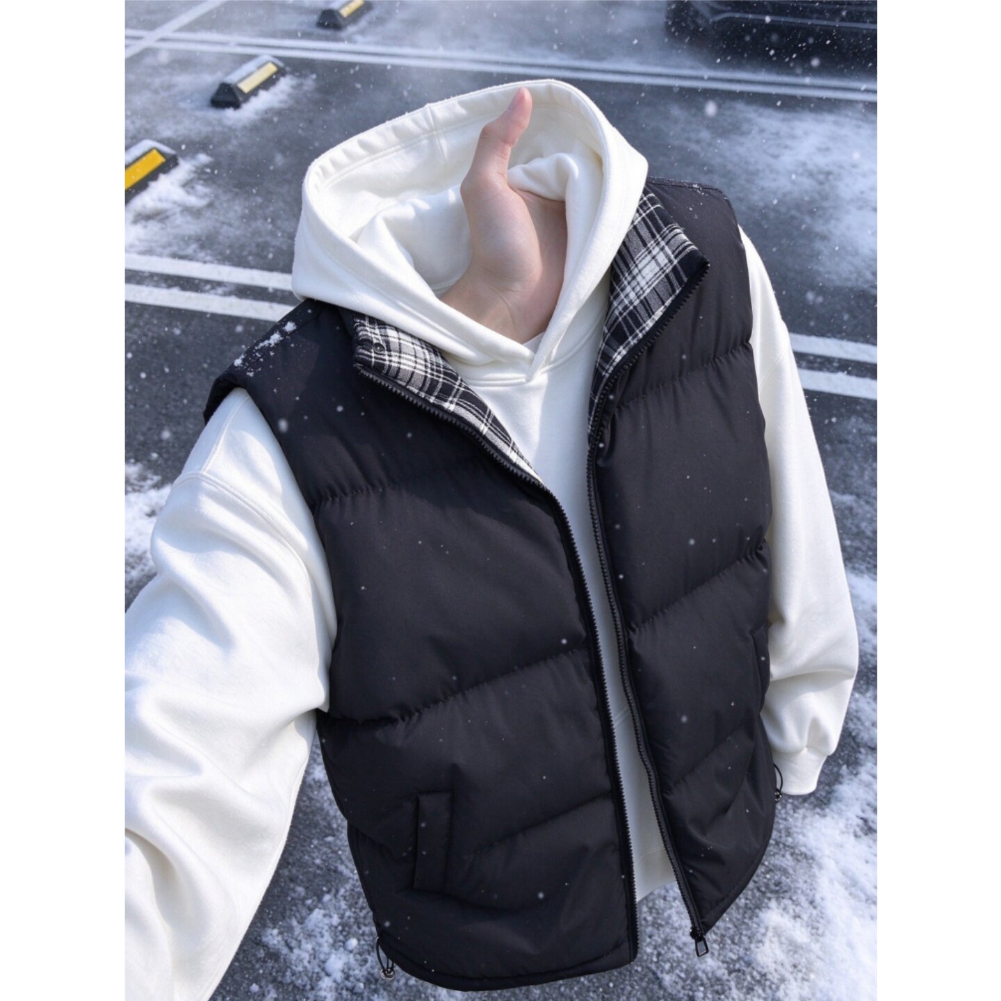 黑色美式格纹立领棉服马甲男秋冬加厚坎肩无袖背心高级感运动外套
