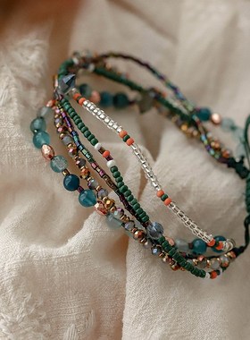 波西米亚风彩色民族风串珠 法式度假编织可调节手链 夏季小众配饰