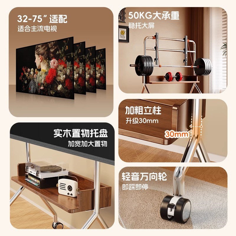 可移动电视机落地支架带轮推车小户型立式55/65/75寸通用实木挂架