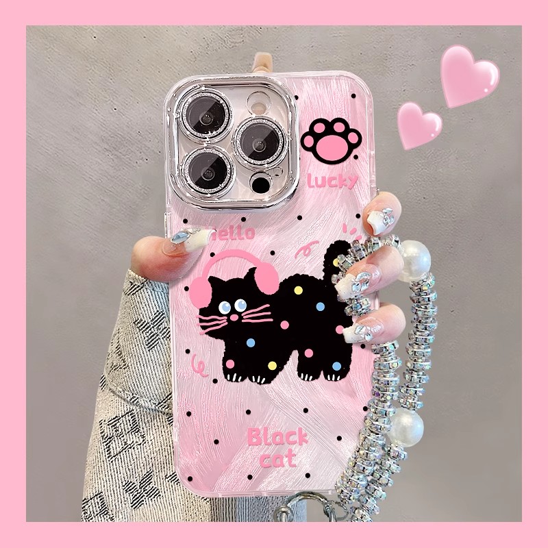 【殊色】卡通黑猫适用苹果17Air/16promax手机壳创意iPhone15plus女款14/13系列镜头膜小众xsmax镜头全包8/7