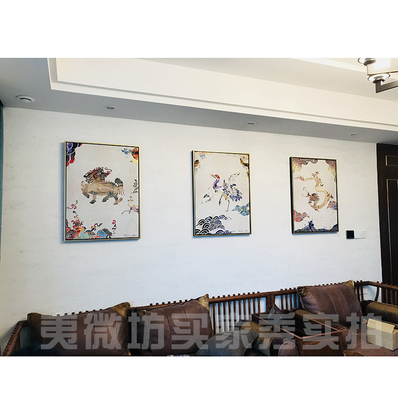 现代新中式客厅背景墙玄关装饰画 金属框中国风动物 麒麟年画精品图片