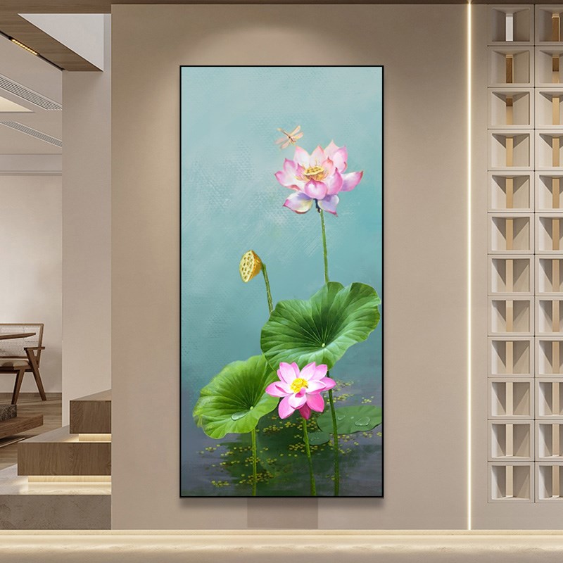 手绘玄关荷花装饰画现代简约客厅沙发背景墙挂画中式过道花卉油画图片