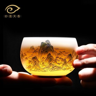 妙莲天香国风羊脂玉瓷青绿江山人杯个人品茗杯禅定茶杯高档单杯