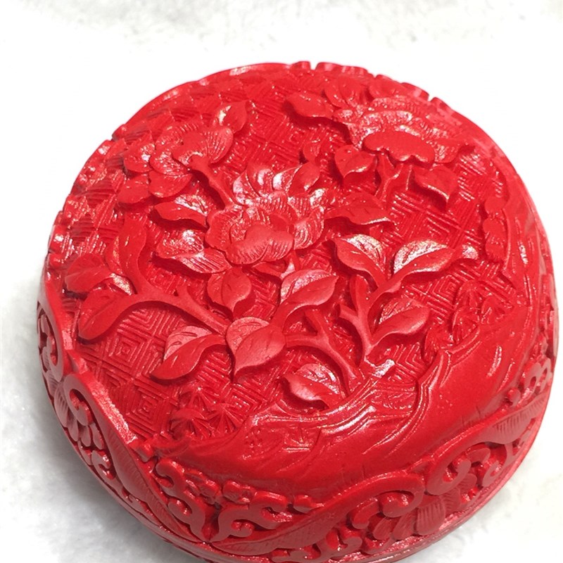 漆器扬州漆器厂价雕漆3吋盒机雕*直腔牡丹新款