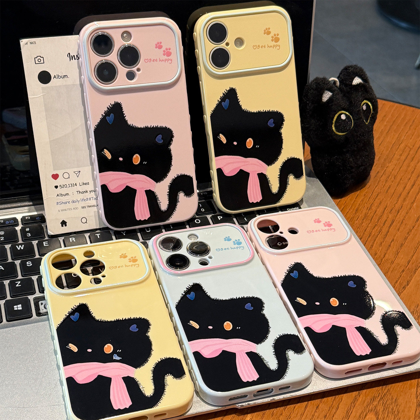 萌趣可爱小黑猫新款适用苹果18promax手机壳iPhone17pro小米15华为mate80pura70K90reno14荣耀600x300magic7