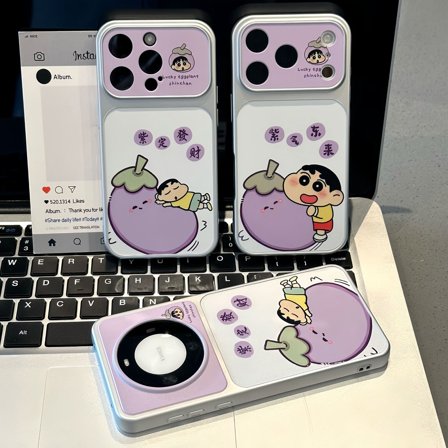 可爱茄子小新紫定发财新款适用苹果17pro手机壳iPhone16max小米17华为mate80pura80K90reno16荣耀500x200y300