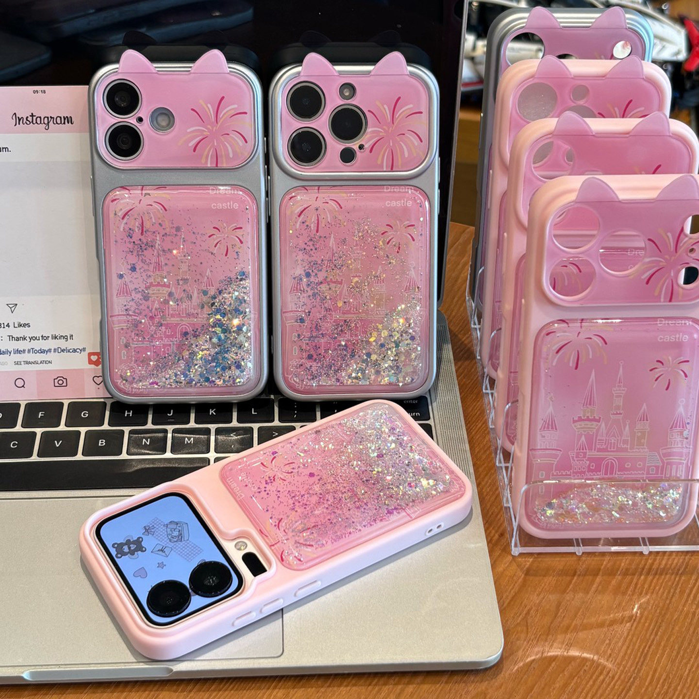 粉色烟花城堡流沙猫耳朵适用苹果18promax手机壳iPhone17pro15小米18华为mate70pura80K90nova16荣耀400x200