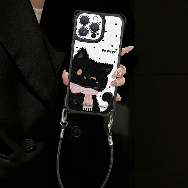 围巾黑猫挂绳新款适用苹果17Pro手机壳iPhone16max小米17华为mate80pura80K90reno15nova14荣耀400x200一加13