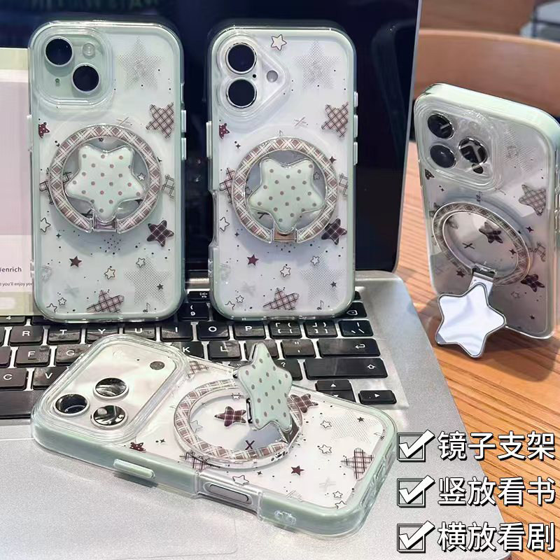 薄荷绿格纹星支架新款适用苹果17Pro手机壳iPhone16max13小米17华为mate80pura90k90note15reno14荣耀400x300