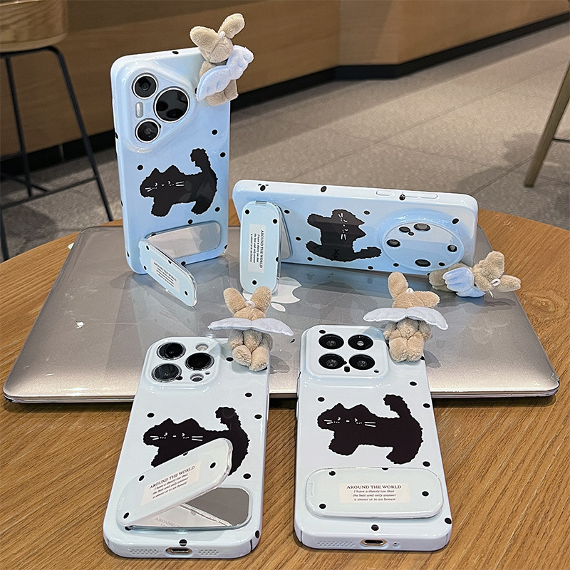 可爱波点黑猫支架新款适用苹果16Pro手机壳iPhone17max小米15华为mate70pura80k60reno14x100note13findx7s30