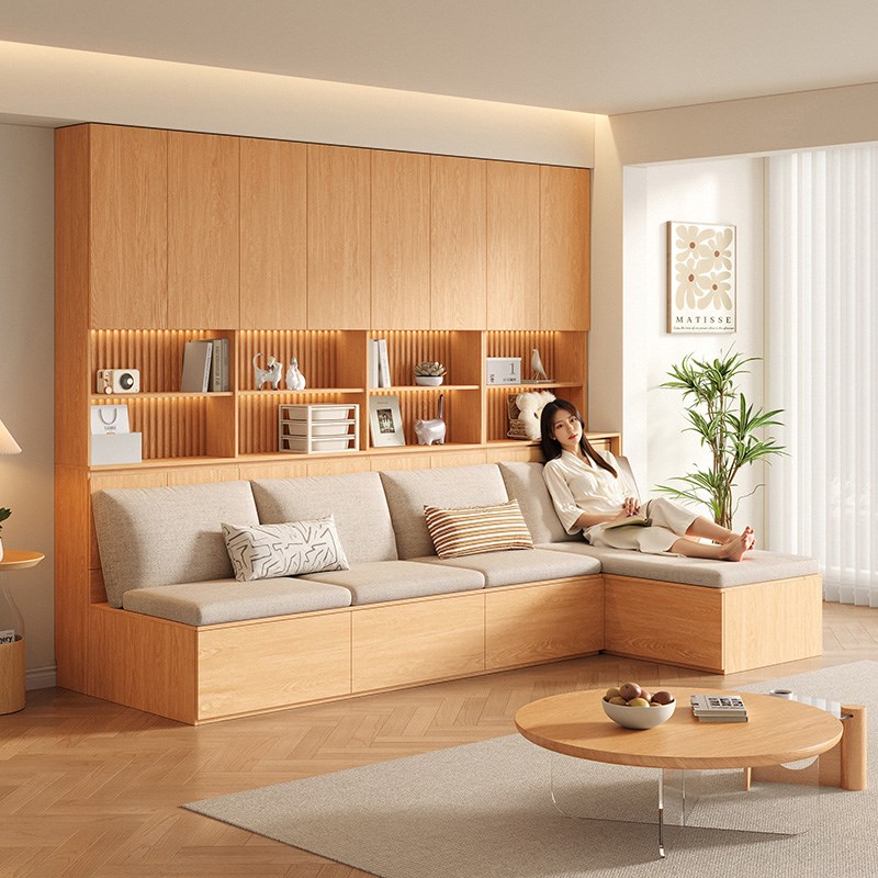 定制实木沙发书柜客厅橡木书橱带卡座靠墙储物柜一体满墙到顶