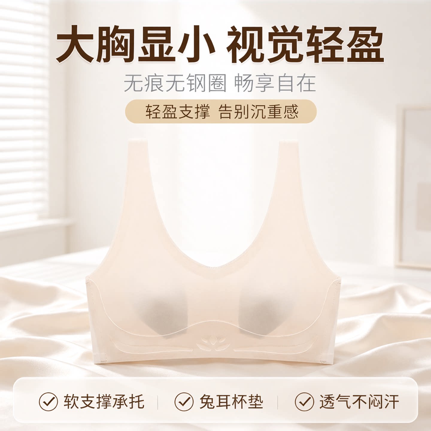 26年新款超薄款无痕无钢圈兔耳朵大胸显小内衣美背大码透气防下垂