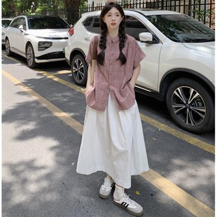 大码女装2025夏季胖mm复古格子撞色宽松衬衫+白色半身裙显瘦套装