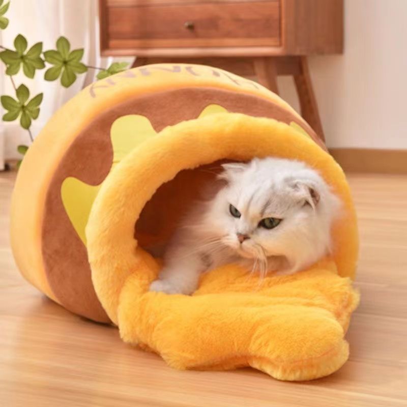 猫窝封闭式可爱熊毛绒蜜蜂罐猫窝宠物用品冬季保暖猫窝狗窝