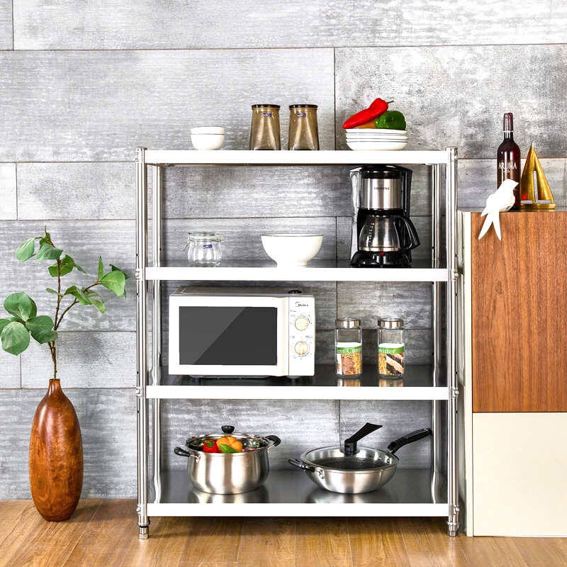 四层不锈钢厨房置物架落地多层微波炉烤箱放锅储物架不绣钢架4层