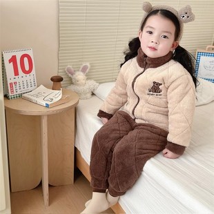 儿童睡衣冬季加绒加厚三层夹棉男女童超厚家居服拉链款居家外出服