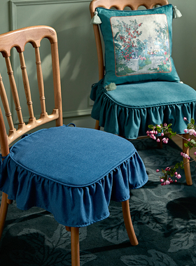 偏爱集椅垫新中式田园荷叶边墨绿色防滑坐垫蝴蝶结绑带美式椅子垫