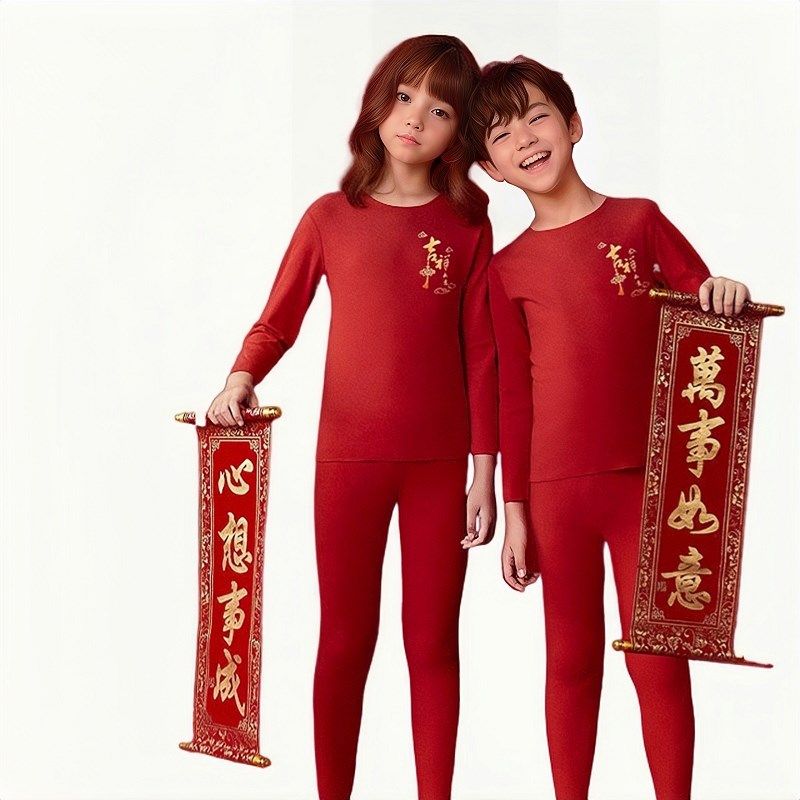 儿童本命年红色内衣套装纯棉男童女童大小童新年保暖秋衣裤德绒
