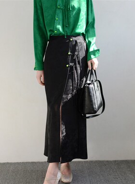 TRR style提花新中式旗袍盘扣轻国风半身裙黑色开叉 女高腰长裙子