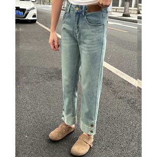 大码女装胖mm夏季浅色高腰宽松牛仔裤女小个子高端阔腿直筒九分裤