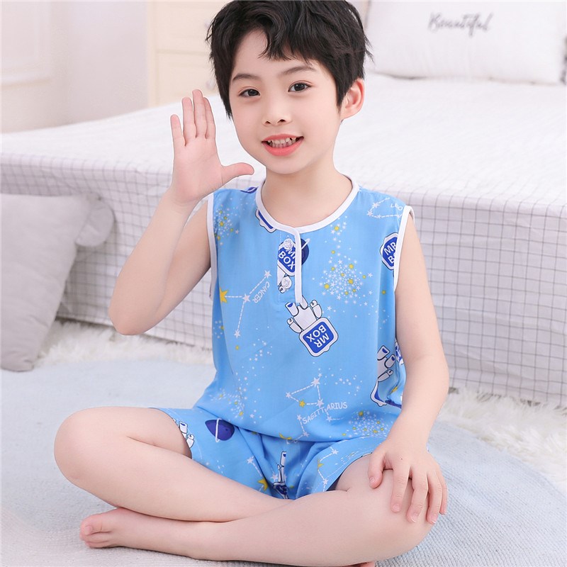 夏季儿童家居服男童女童薄绵绸背心短裤夏天无袖套装宝宝棉绸睡衣