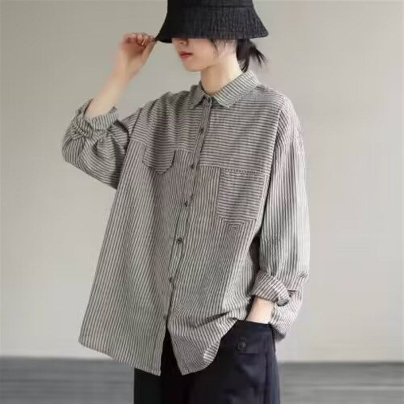 春秋新款纯棉条纹衬衫上衣女装大码宽松翻领显长袖衬衣设计感上衣