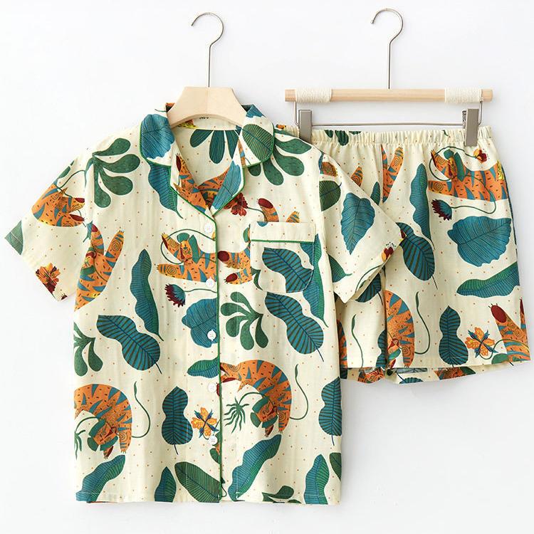 睡衣女款夏季日系纱布夏天全棉薄款短袖短裤两件套家居服套装