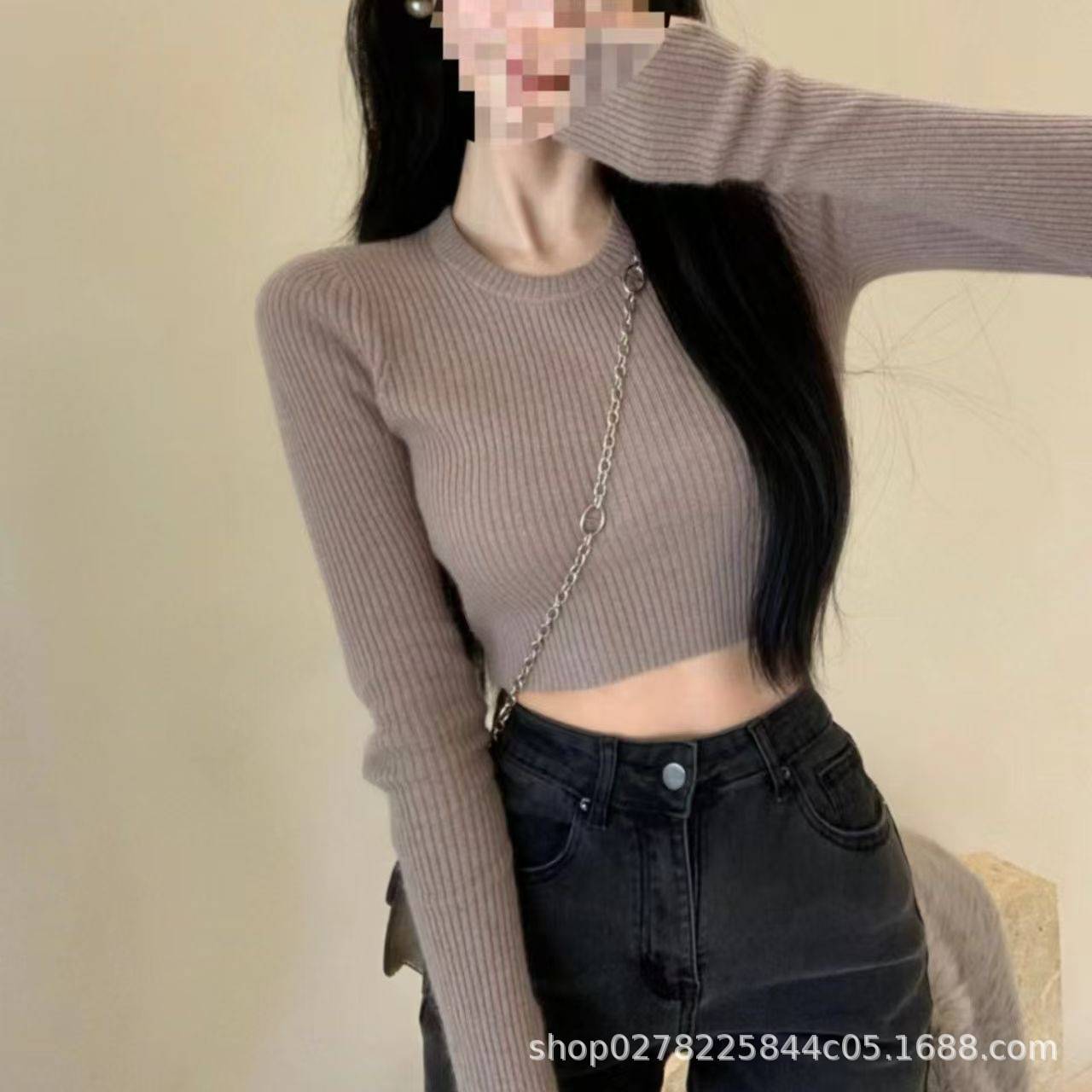小个子露脐针织高腰短款上衣女春紧身内搭套头打底衫正肩长袖毛衣