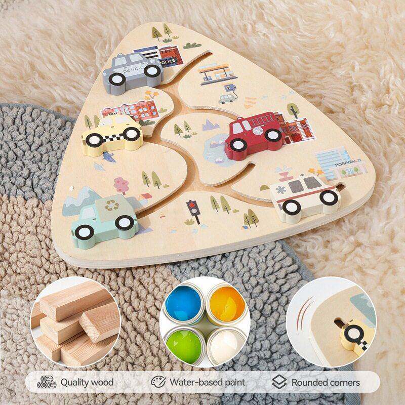 跨境新款木质汽车滑轨玩具儿童早教益智汽车建筑认知配对木制玩具