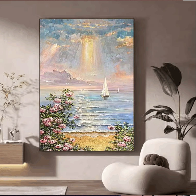 纯手绘油画高端风景现代客厅装饰画立体日出海景花卉玄关过道图片