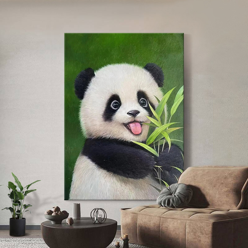 可爱熊猫装饰画新中式手绘油画客厅玄关动物肌理画餐厅无边框挂画图片