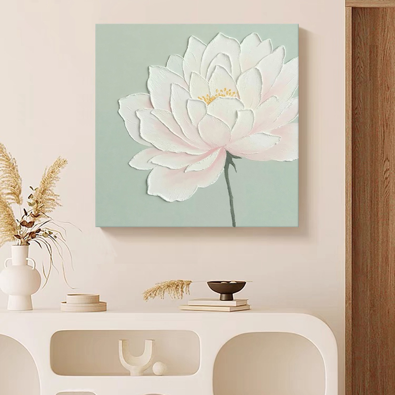 奶油风抽象牡丹花肌理手绘油画客厅装饰画白色大花朵餐厅玄关挂画图片