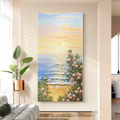 手绘油画日出海景玄关装 入户画 饰画现代轻奢沙滩花卉风景法式