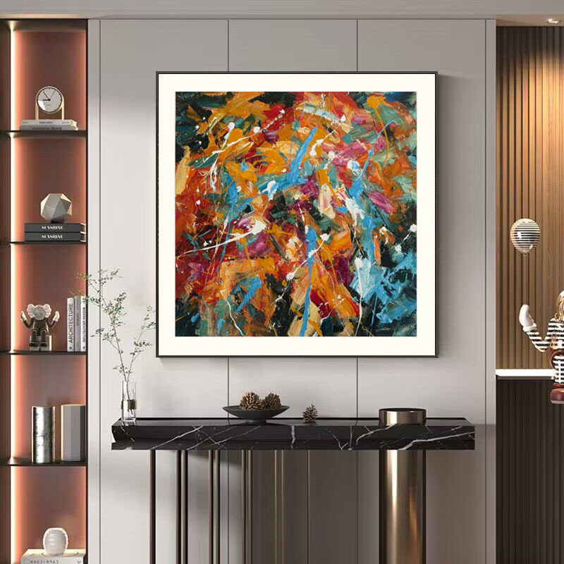 纯手绘油画多巴胺客厅餐厅装饰画正方形抽象色彩现代挂画涂鸦