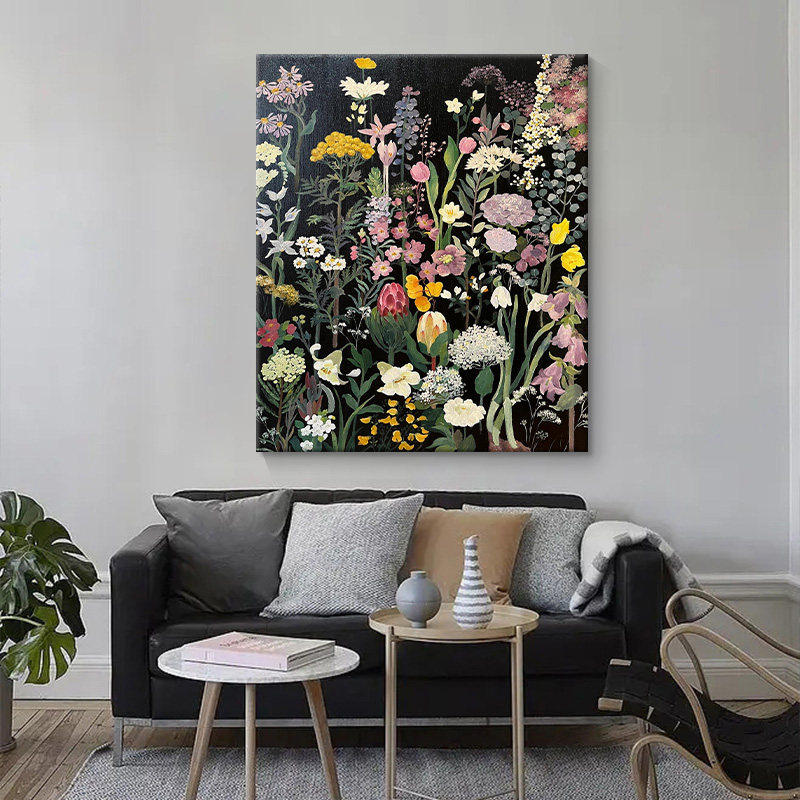 花卉植物纯手绘油画黑色美式高级感花朵装饰画客厅挂画玄关肌理画