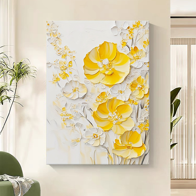 奶油风抽象花卉肌理客厅装饰画手绘油画黄色刀画立体餐厅玄关挂画图片